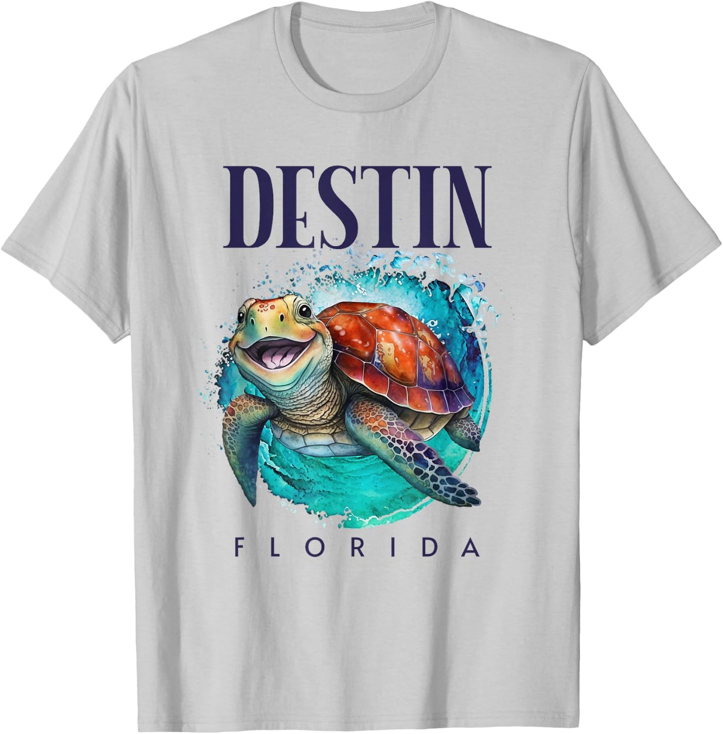 Destin Florida Watercolor Happy Sea Turtle T-Shirt - T-Shirt | Ash