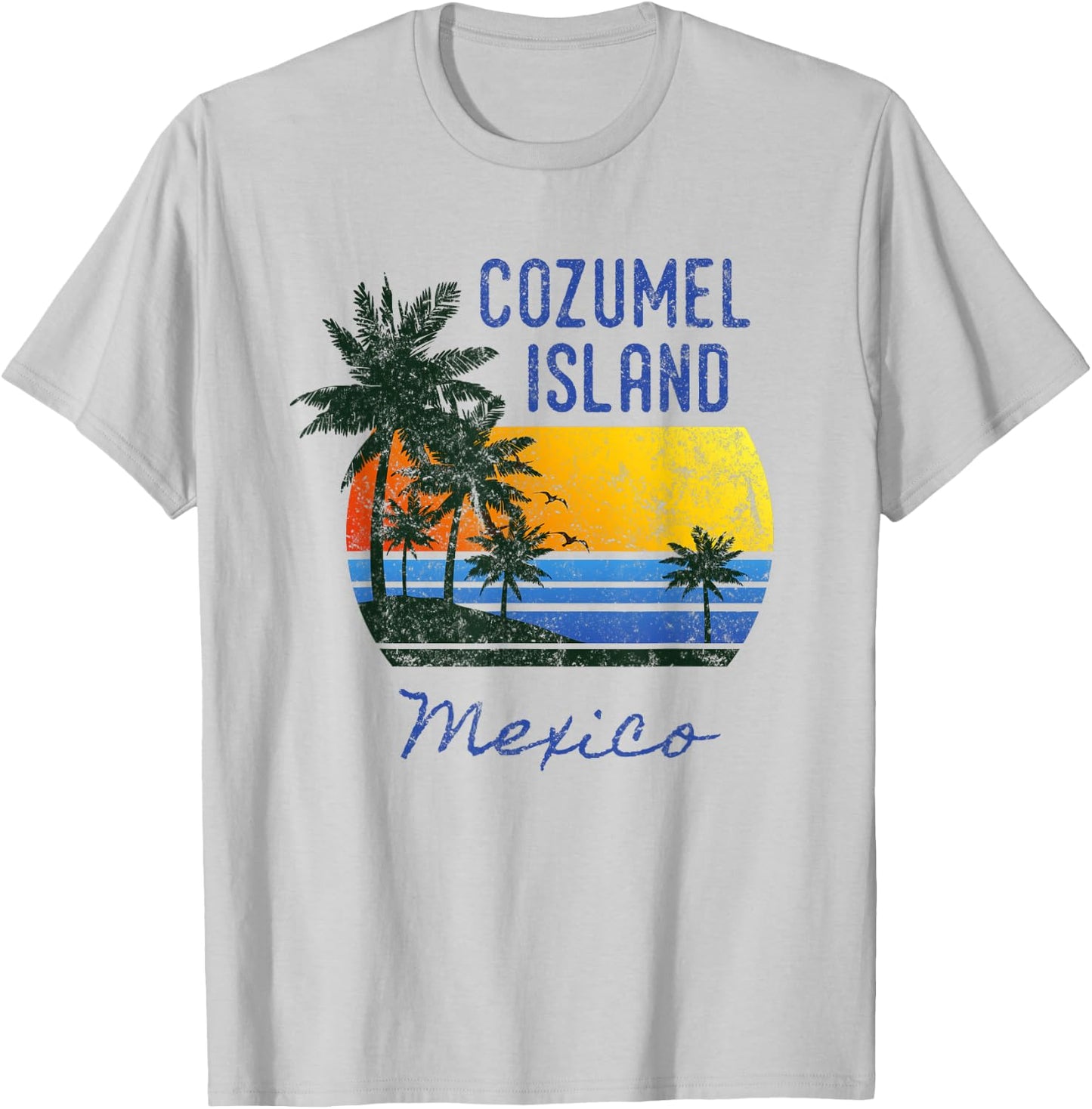 Fun Cozumel Island Mexico Beach Sunset Distressed Novelty Men Women Kids T-Shirt - T-Shirt | Ash