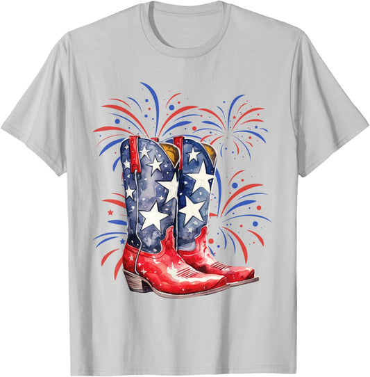 4th of July Memorial Day Holiday Patriotic Cowboy Boots T-Shirt - T-Shirt | Ash