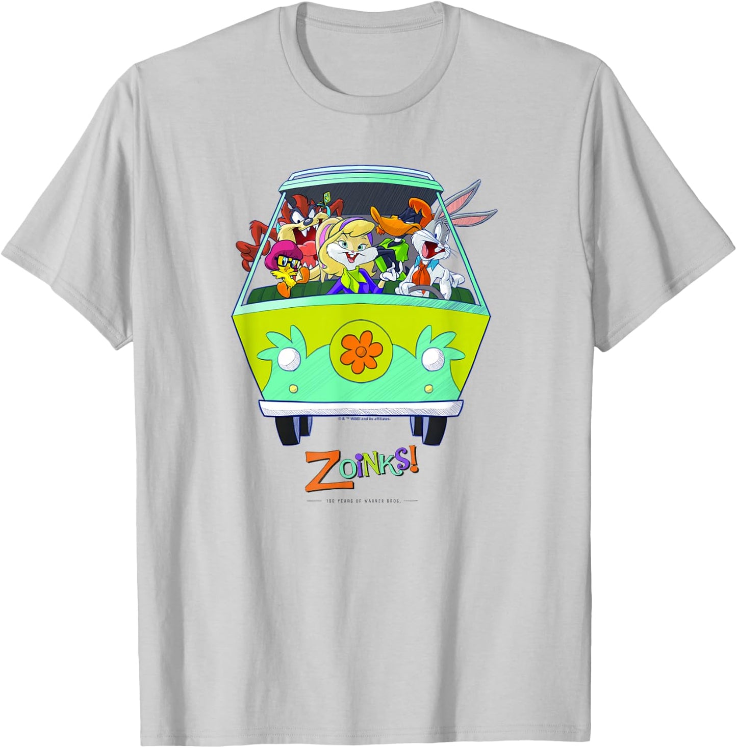 WB 100 Looney Tunes Group Shot The Mystery Machine Zoinks! T-Shirt - T-Shirt | Ash