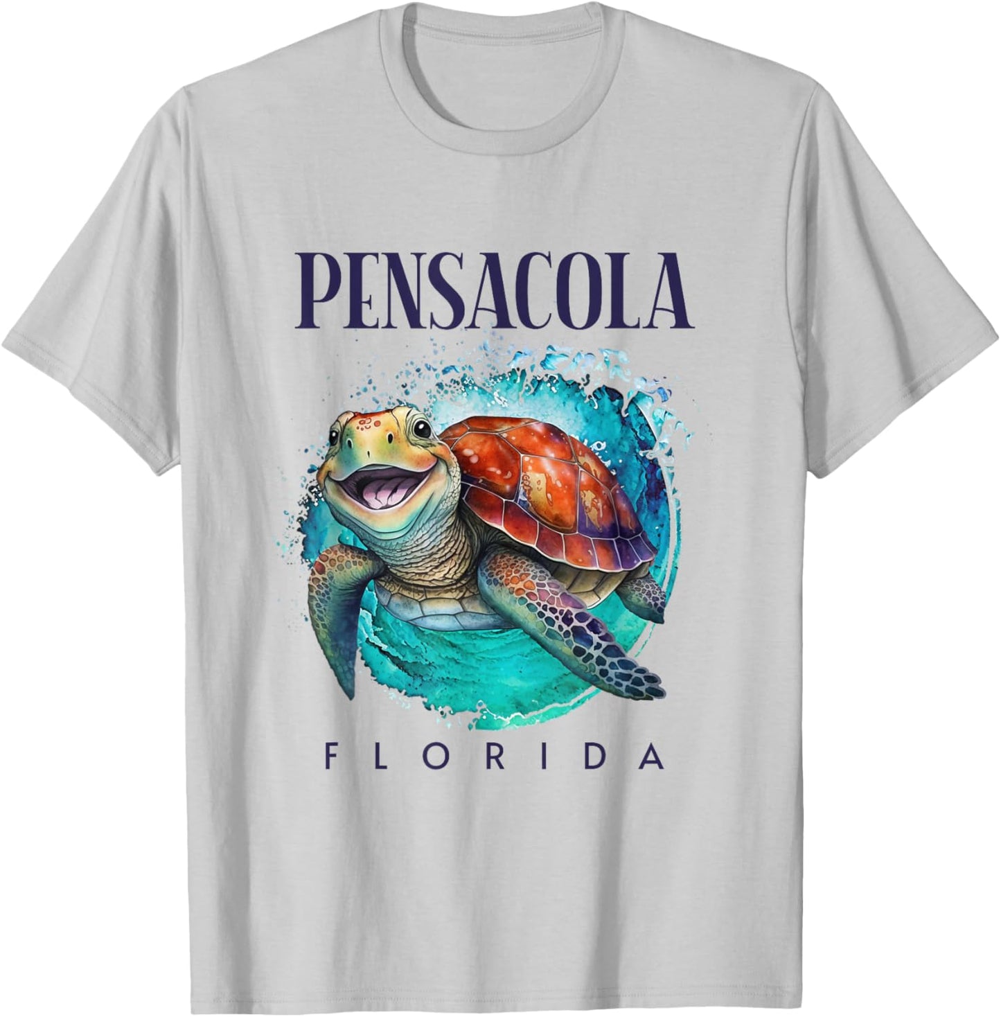 Pensacola Florida Watercolor Happy Sea Turtle T-Shirt - T-Shirt | Ash