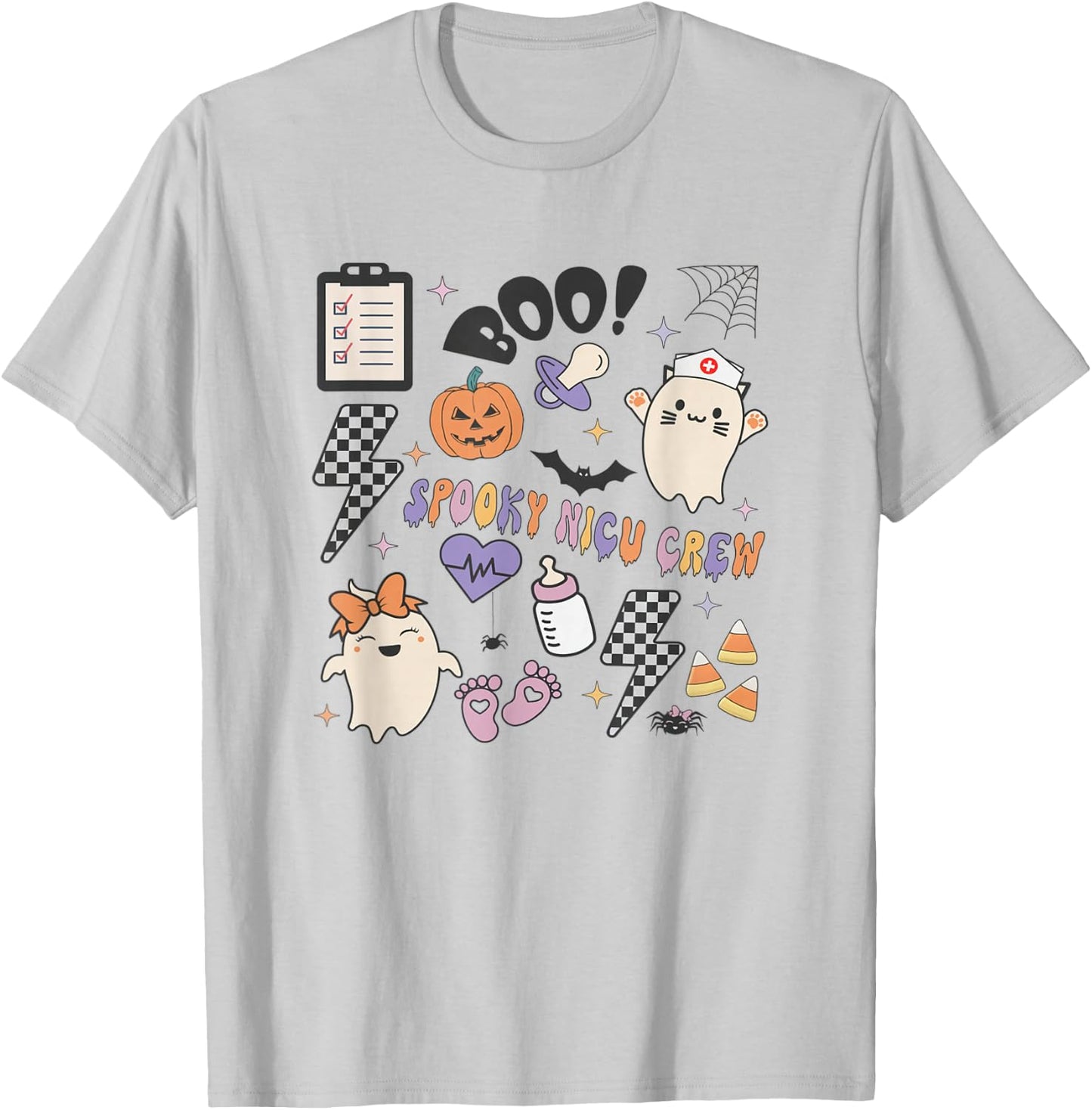 Retro Spooky NICU Nurse Halloween Cute Pumpkin Ghost Women T-Shirt - T-Shirt | Ash
