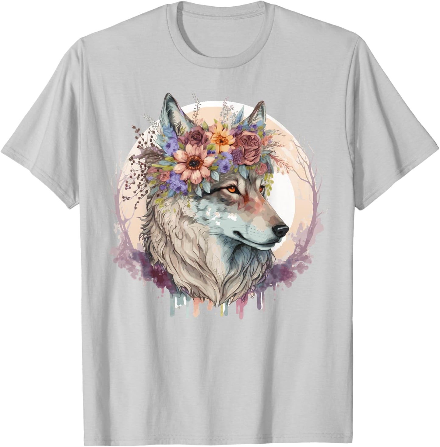 Cute Wolf Flower Crown Boho Aesthetic Animal Lovers T-Shirt - T-Shirt | Ash