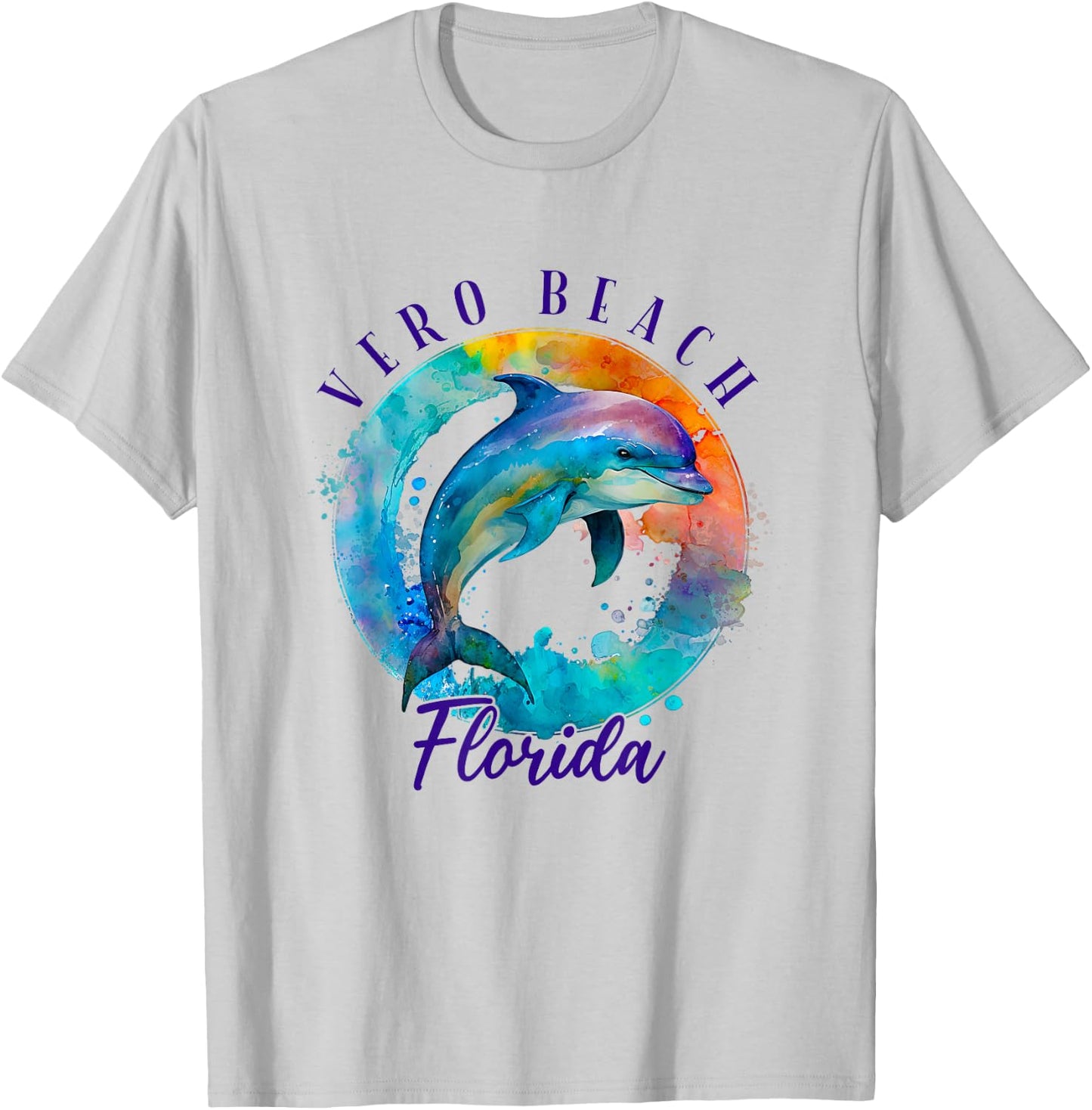 Vero Beach Florida Happy Watercolor Dolphin T-Shirt - T-Shirt | Ash