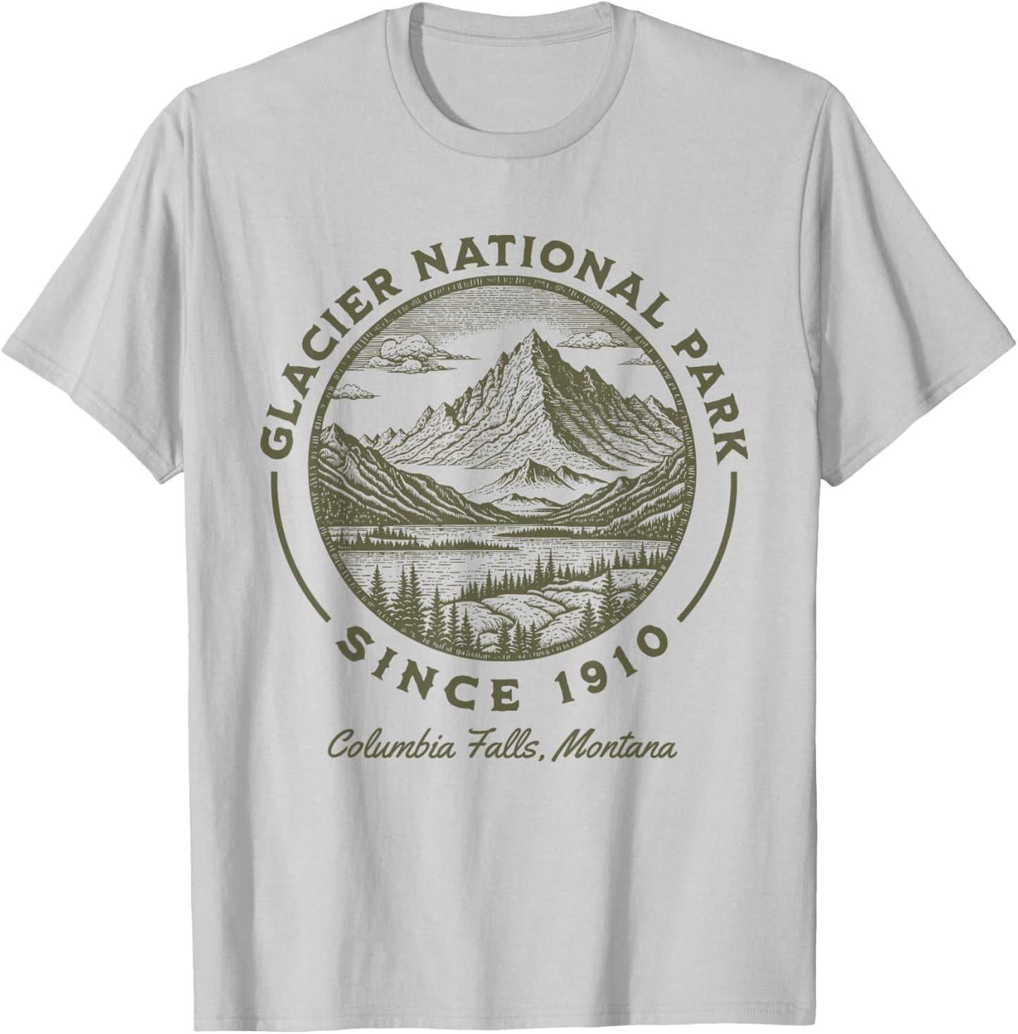 Glacier National Park Since 1910 Rustic Logo Columbia Falls T-Shirt - T-Shirt | Ash