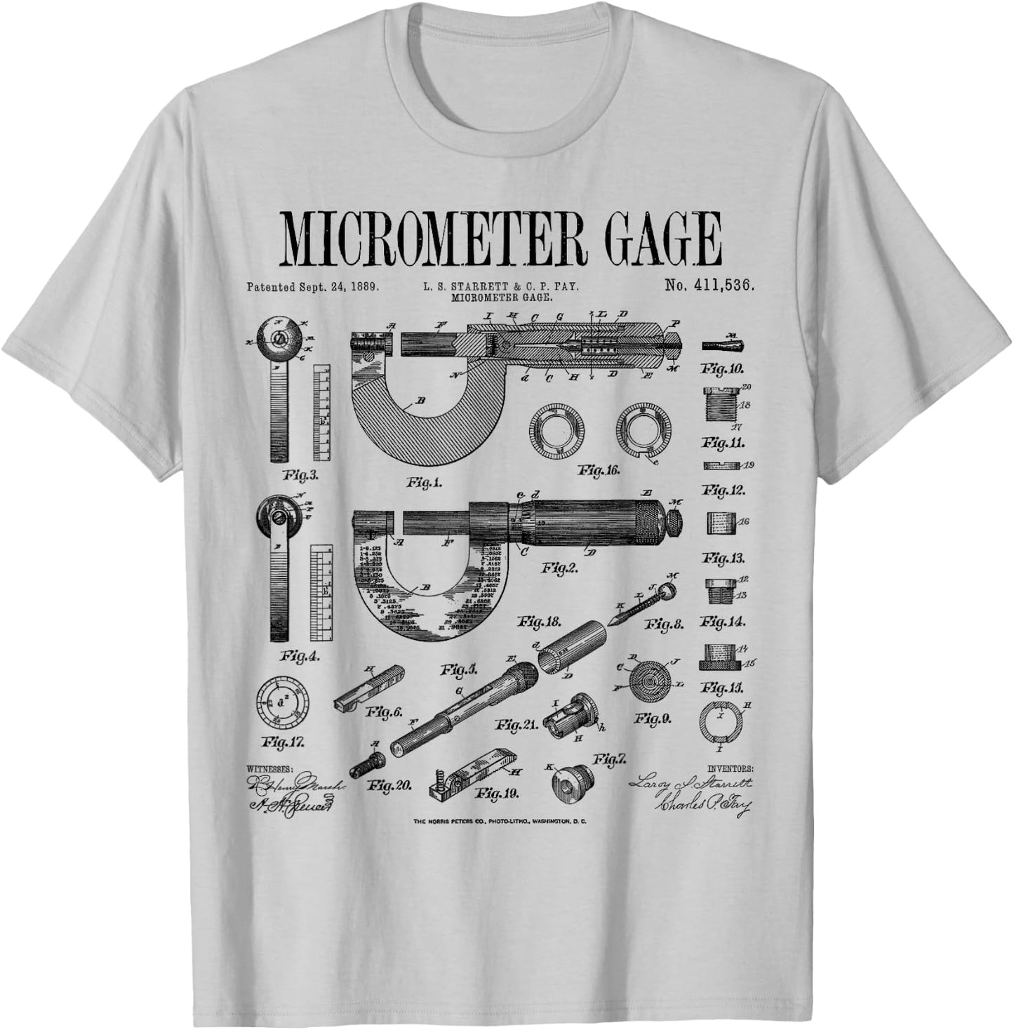 Micrometer Gage Mechanical Engineer Vintage Patent Print T-Shirt - T-Shirt | Ash