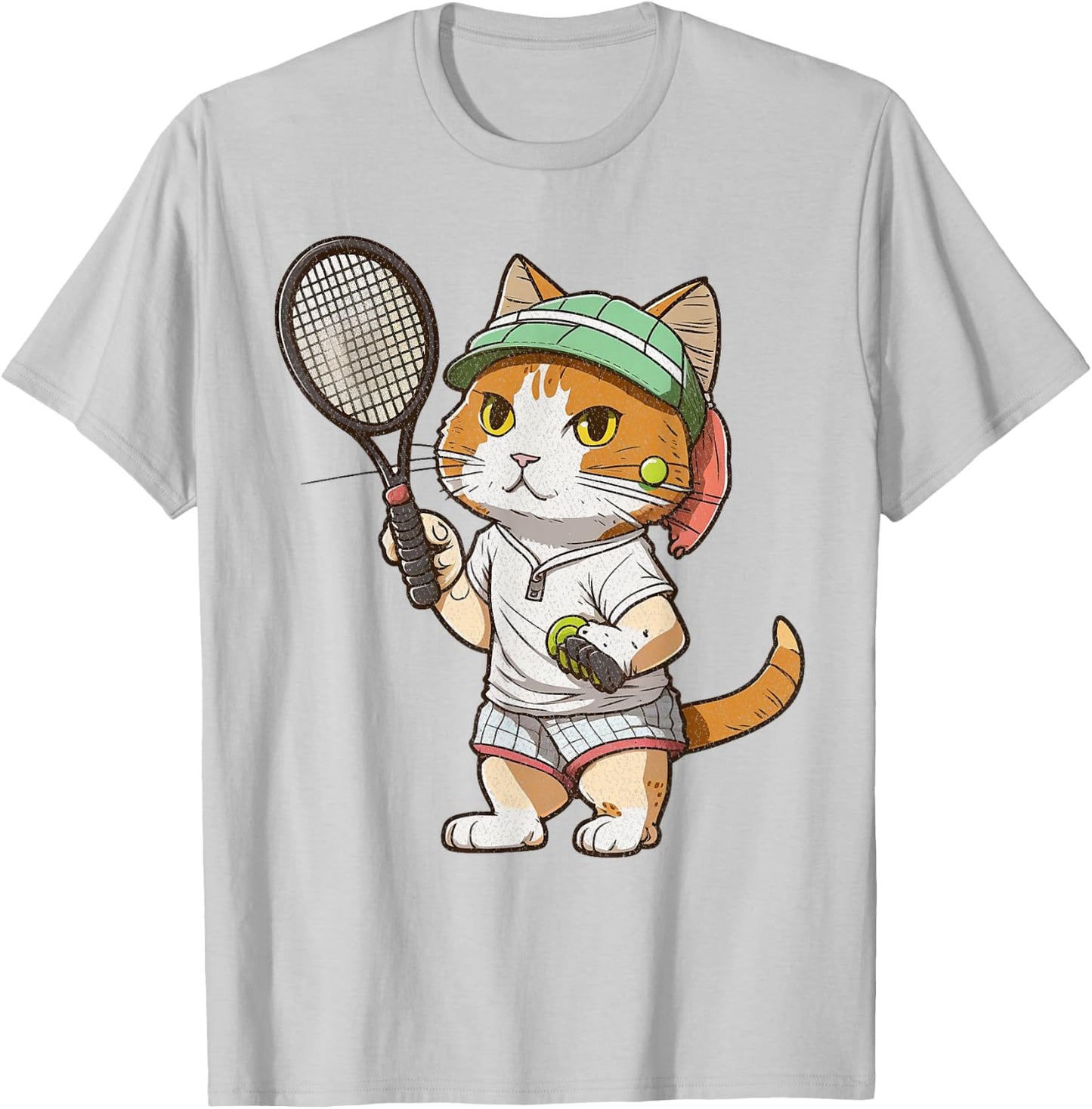 Vintage Cat Playing Tennis, Tennis Racquet, Kitties Lover T-Shirt - T-Shirt | Ash