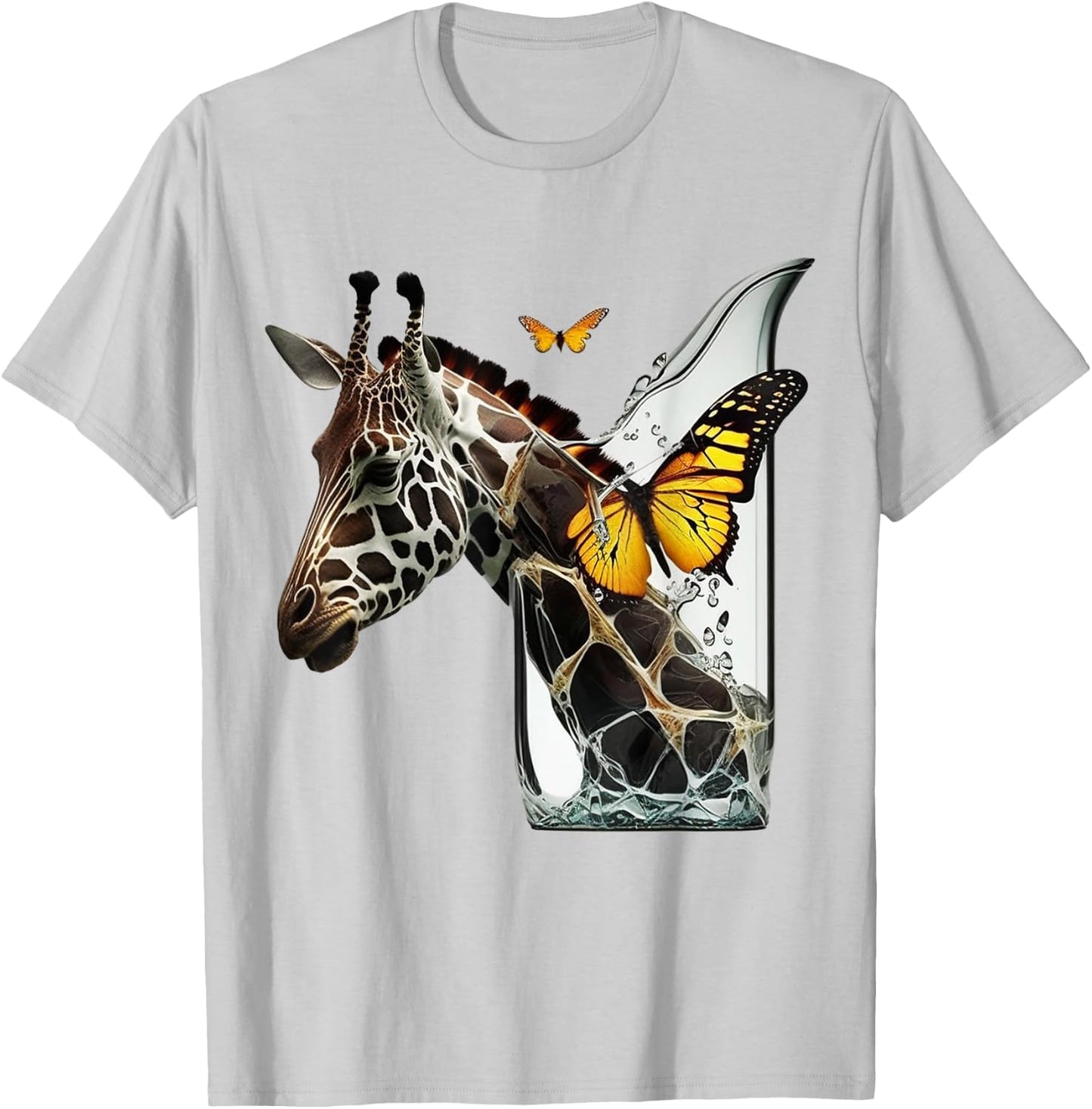 Giraffe Butterfly Art Animal T-Shirt - T-Shirt | Ash