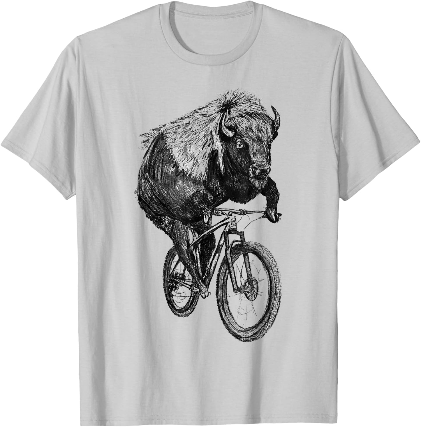 Buffalo Riding A Bicycle Hand Drawn Vintage Bike Buffalo T-Shirt - T-Shirt | Ash