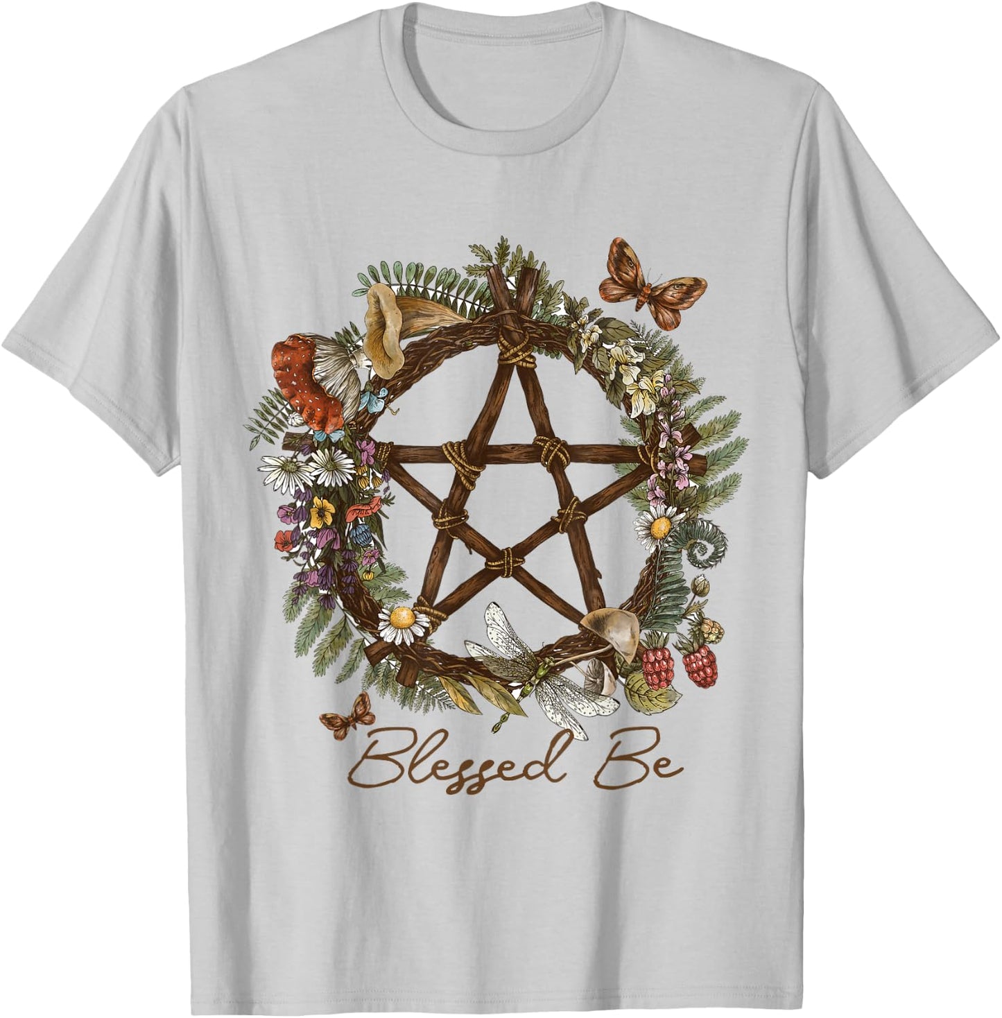 Blessed Be Floral Pentacle Witchcraft Pagan Witchy Design T-Shirt - T-Shirt | Ash