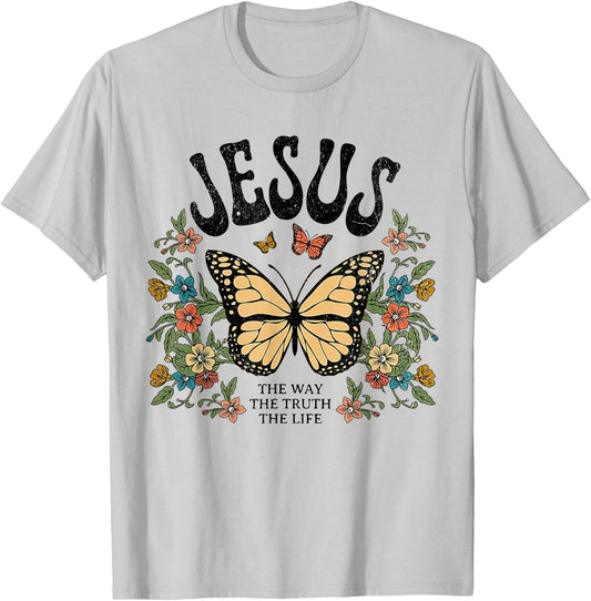 Jesus The Way The Truth The Life Butterfly Flower T-Shirt - T-Shirt | Ash