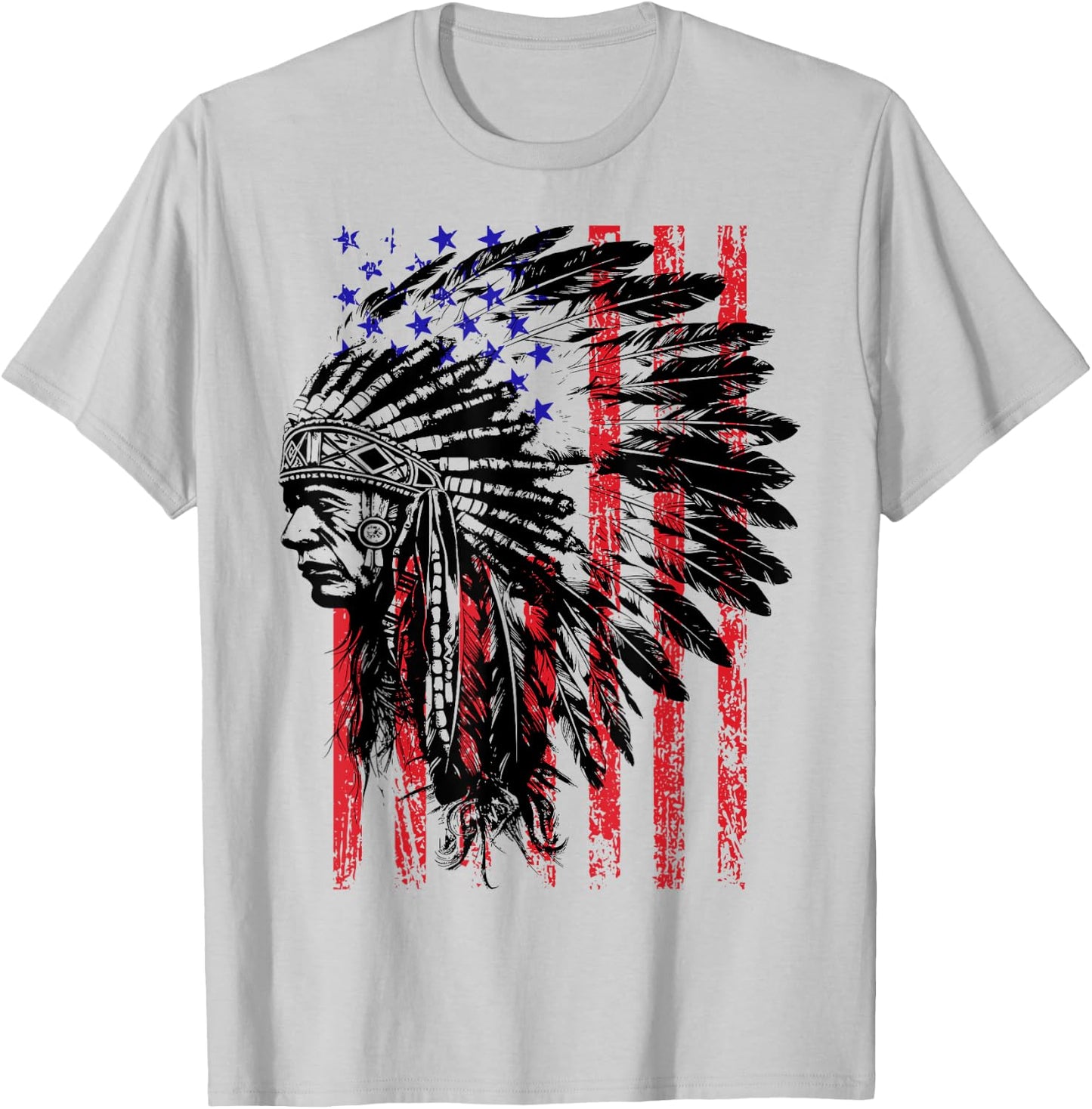 Native American Indian Headdress American Flag 4th of July T-Shirt - T-Shirt | Ash