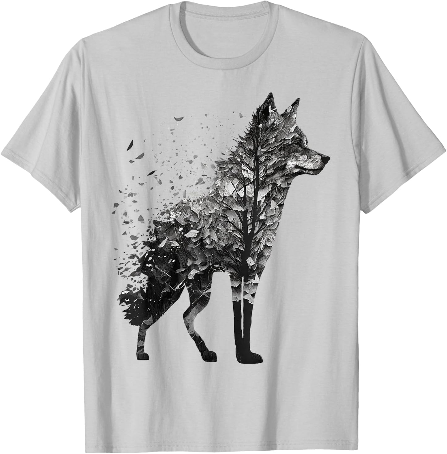 Wolf Tree Decay Drawing Animal Print Art Wolf T-Shirt - T-Shirt | Ash