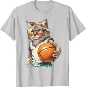 Vintage Retro Cat Playing Basketball, Kitties Pet Lover T-Shirt - T-Shirt | Ash