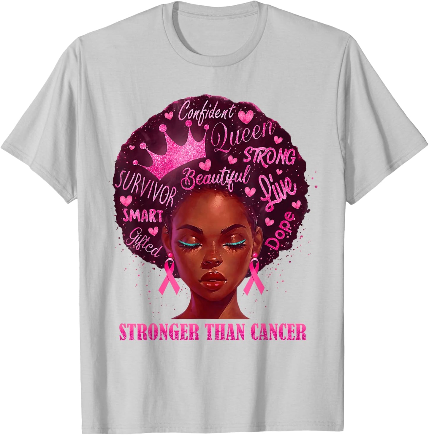 Black Women Queen Stronger Than Breast Cancer Pink Ribbon T-Shirt - T-Shirt | Ash
