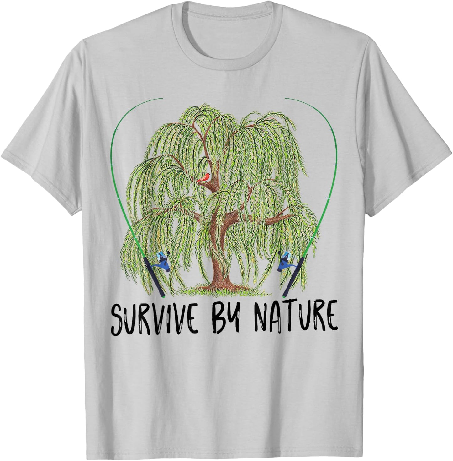 Survive By Nature weeping willow tree with fishing rod T-Shirt - T-Shirt | Ash