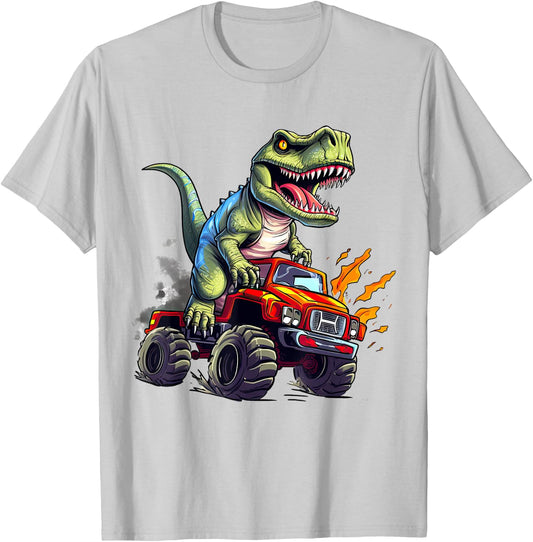 Dinosaur Riding Monster Truck Present For Boys Kids Adult T-Shirt - T-Shirt | Ash
