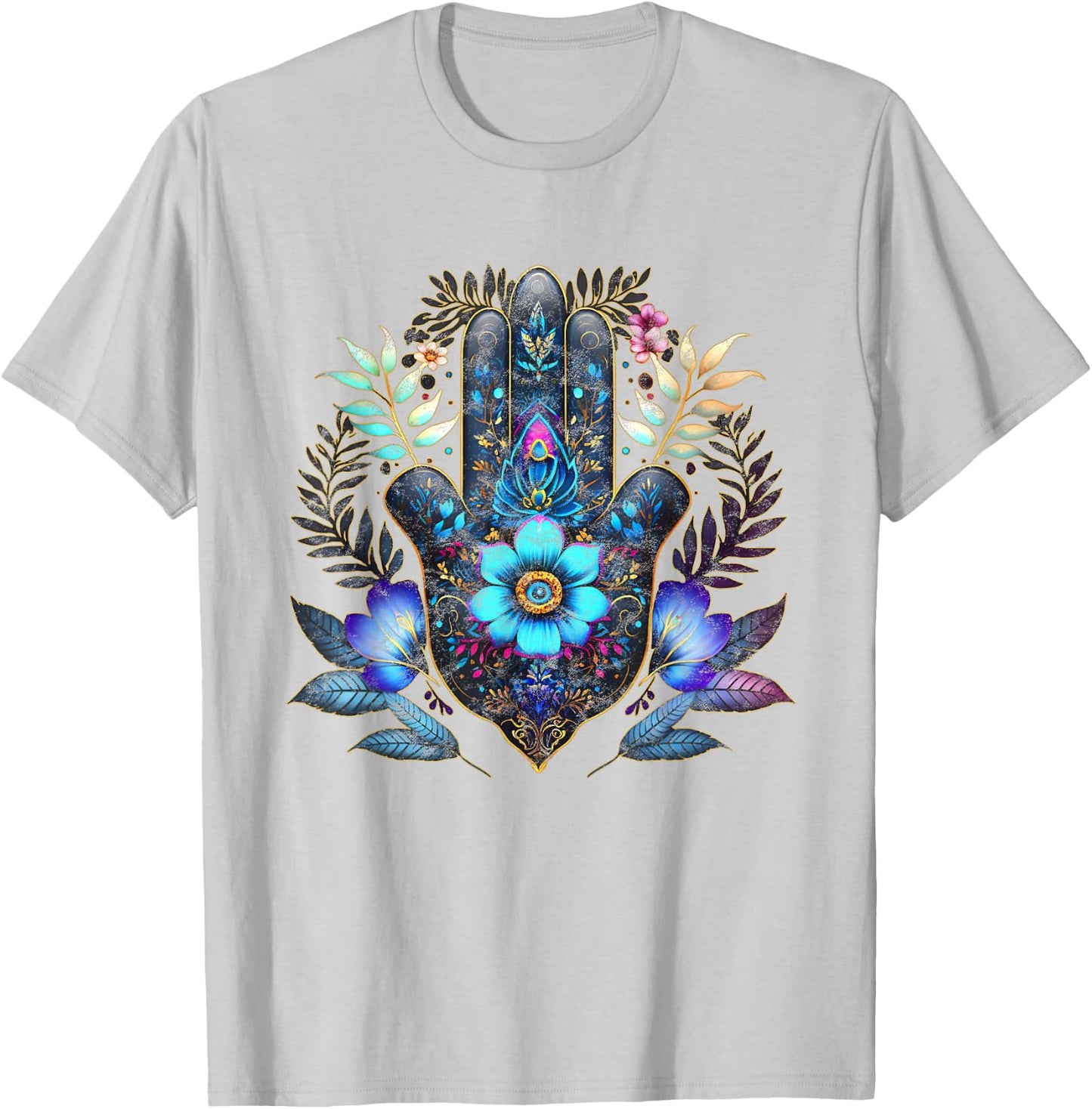 Hamsa, hand, blue, Nazar, flower, eye, charm, vintage, luck T-Shirt - T-Shirt | Ash