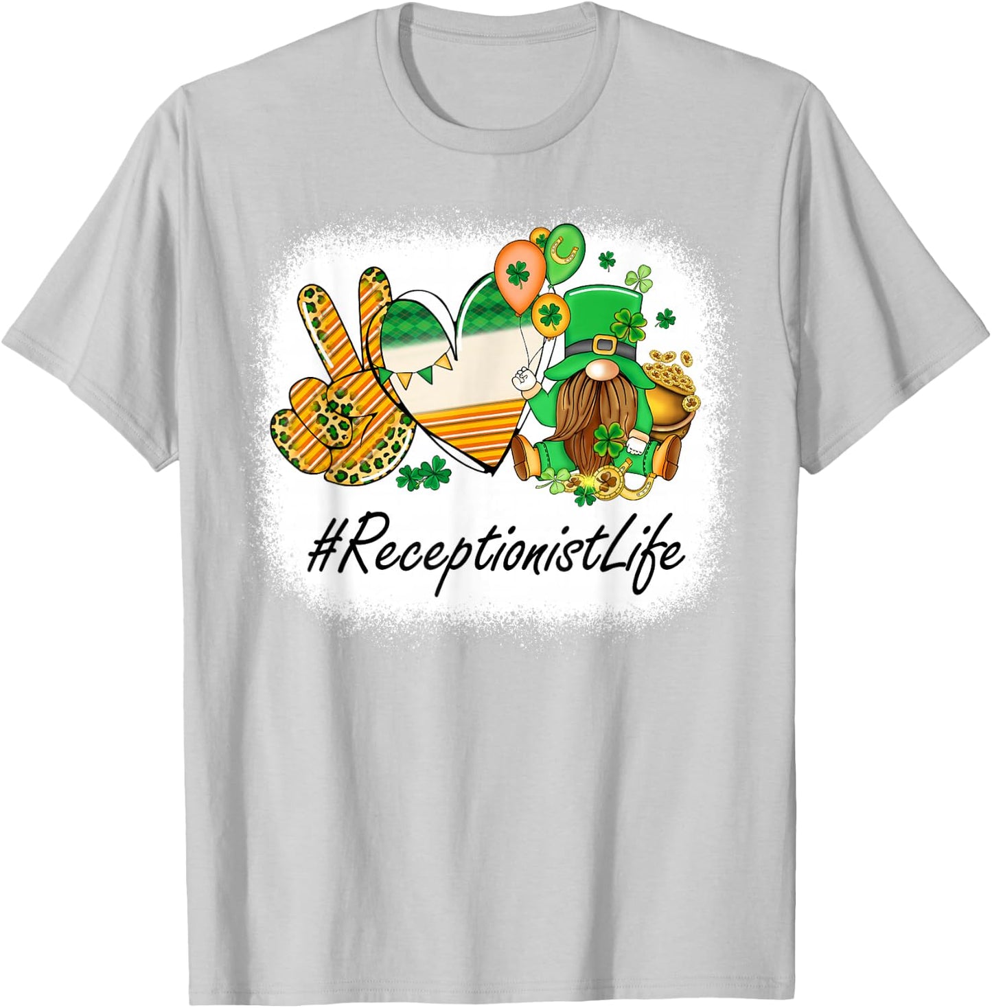Receptionist Peace Love St Patricks Day Women Gnome T-Shirt - T-Shirt | Ash