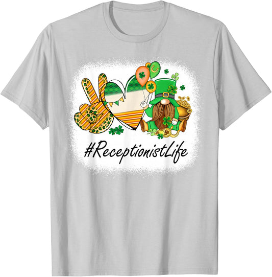 Receptionist Peace Love St Patricks Day Women Gnome T-Shirt - T-Shirt | Ash