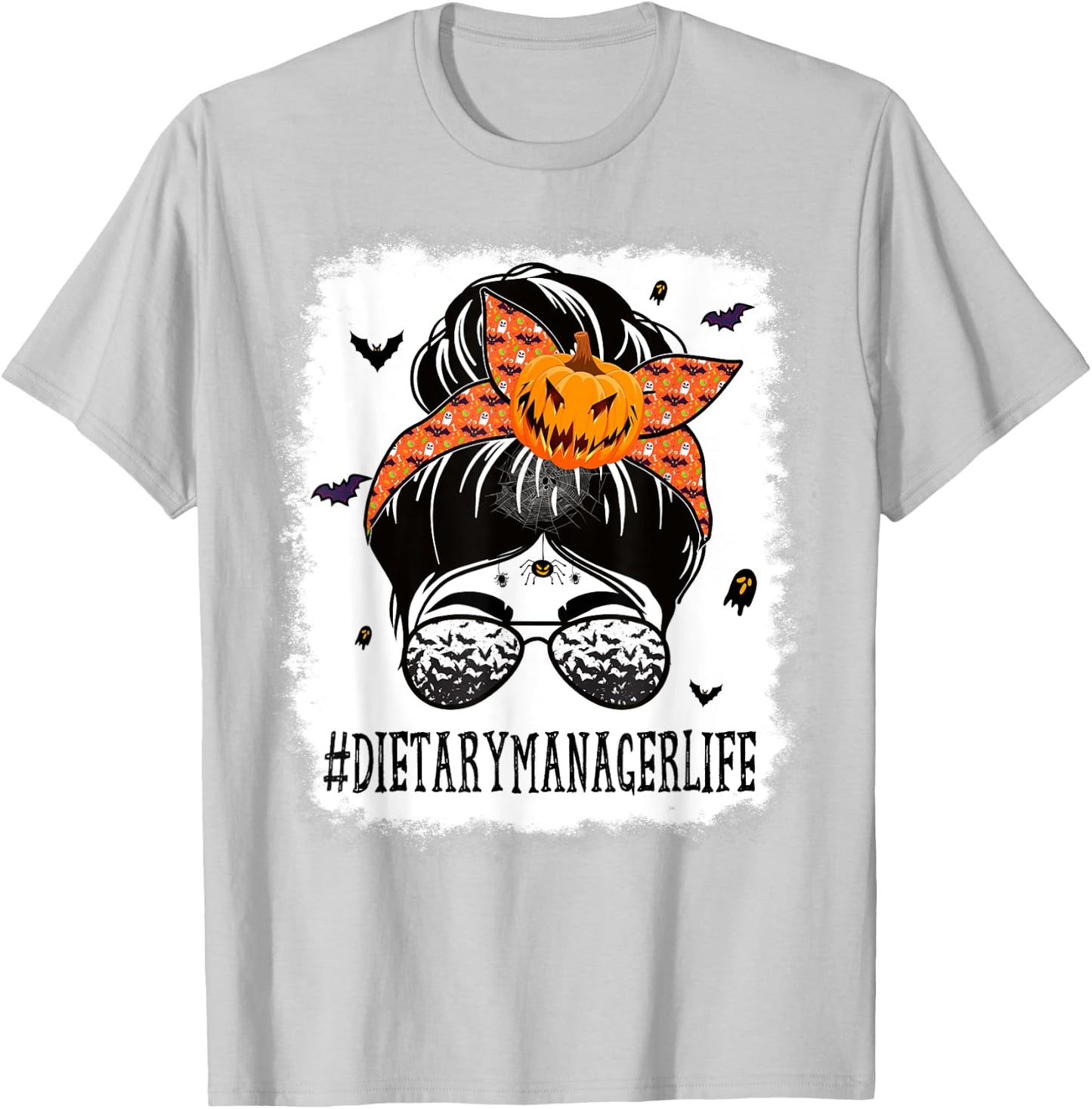 Dietary Manager Messy Bun Spooky Pumpkin Halloween Costume T-Shirt - T-Shirt | Ash