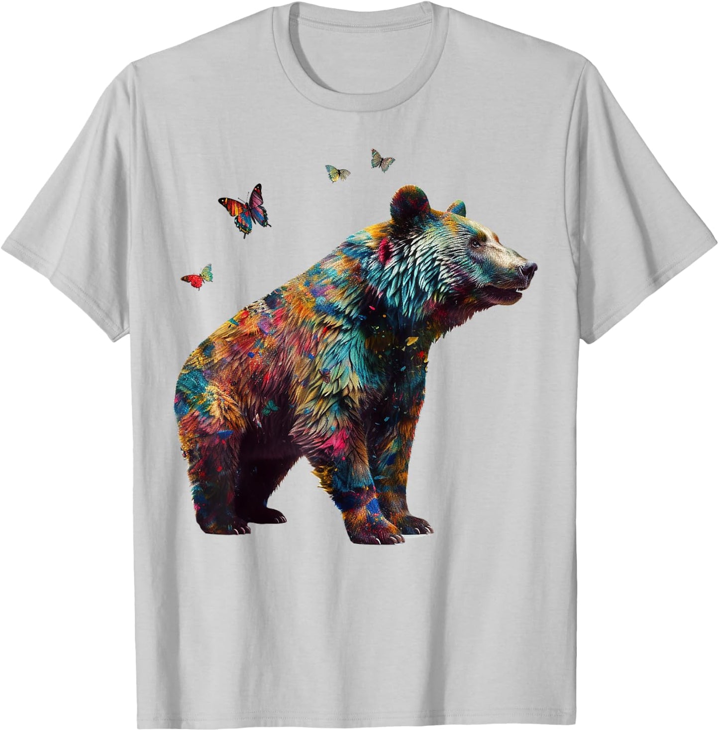 Bear Butterfly Artwork |Colorful Animal Motif Bear T-Shirt - T-Shirt | Ash