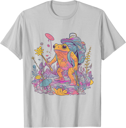 Psychedelic Frog Hiking Camping EDM Music Festival Mushroom T-Shirt - T-Shirt | Ash