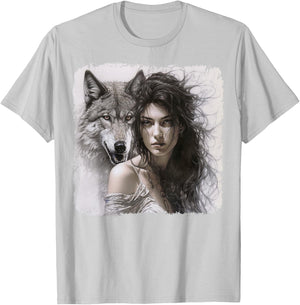 Woman with Gray Wolf Fantasy Art Painting T-Shirt - T-Shirt | Ash
