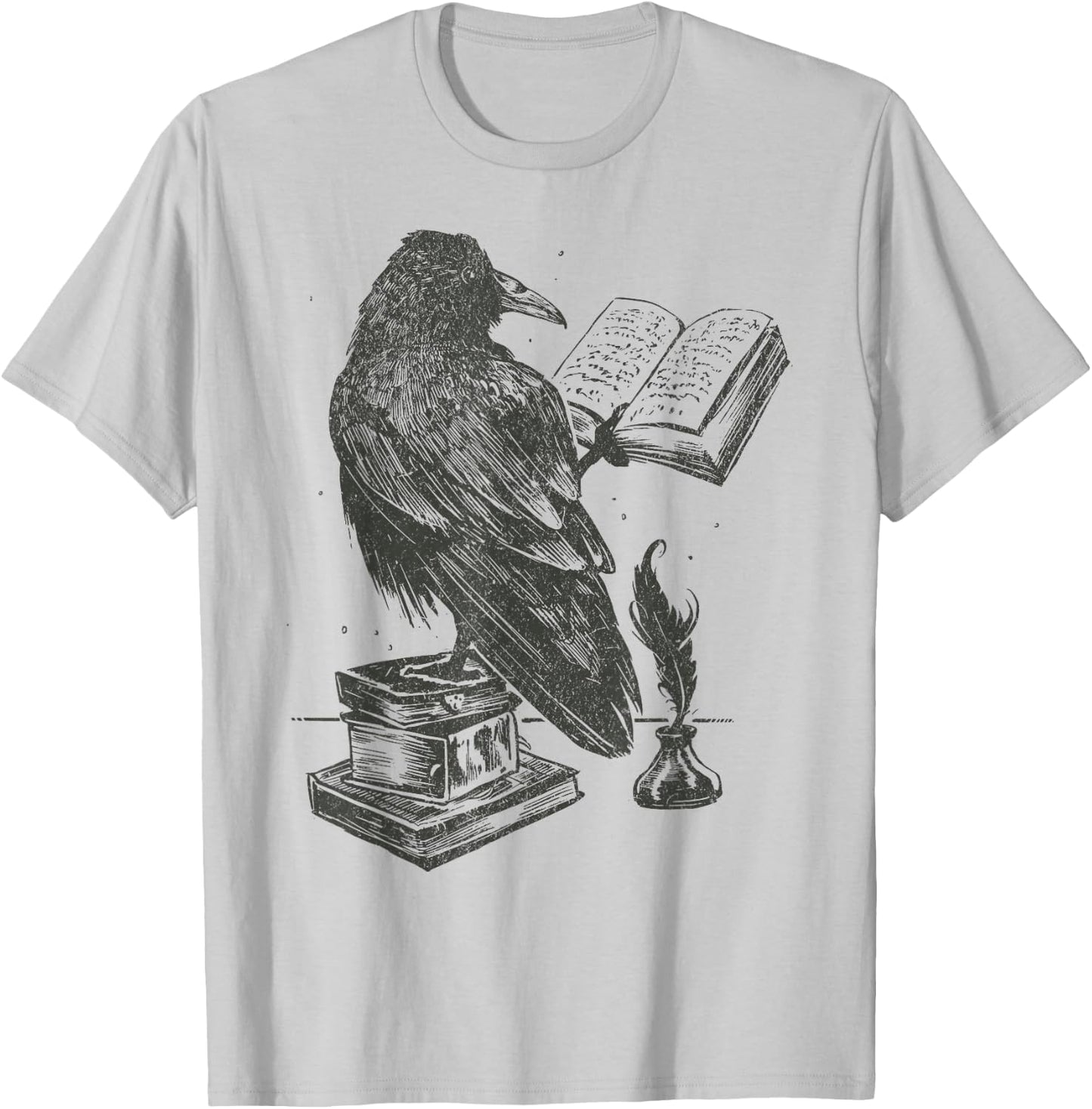 Raven Crow Reading a Magic Book Wizard Animal Bird Reader T-Shirt - T-Shirt | Ash
