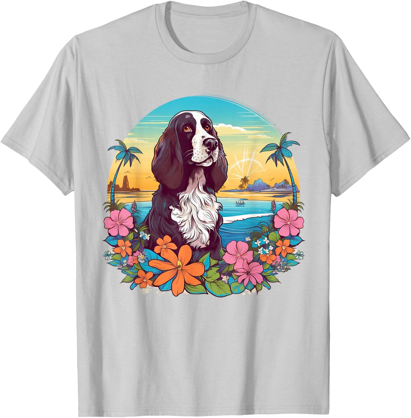 Floral Beach Vacation English Springer Spaniel Dog T-Shirt - T-Shirt | Ash