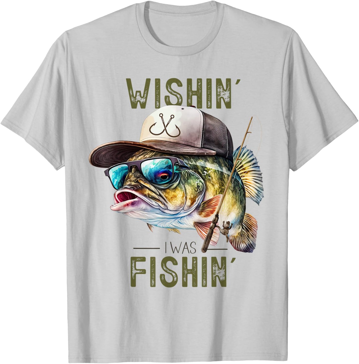Wishing I was Fishing Large Mouth Bass Funny Fisherman Fish T-Shirt - T-Shirt | Ash