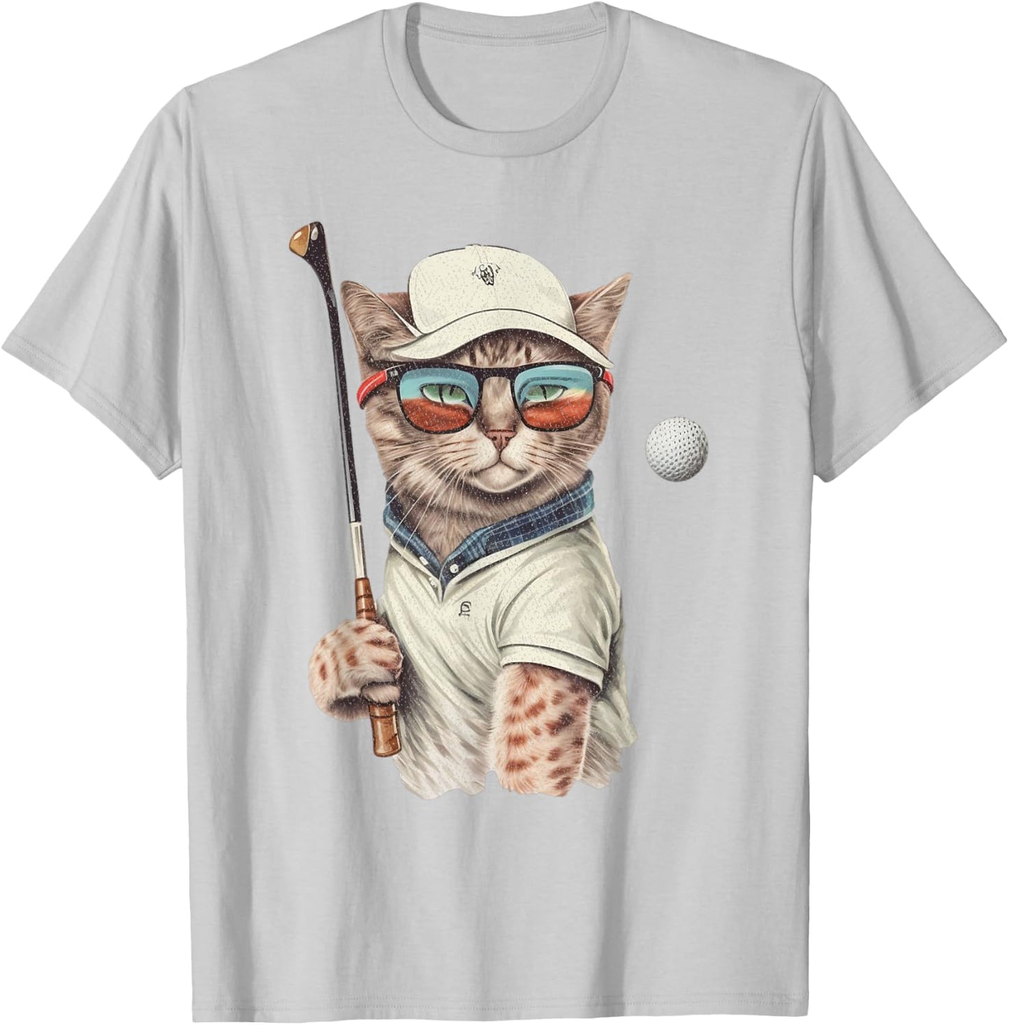 Vintage Retro Cat Playing Golf, Golfer , Kitties Lover T-Shirt - T-Shirt | Ash