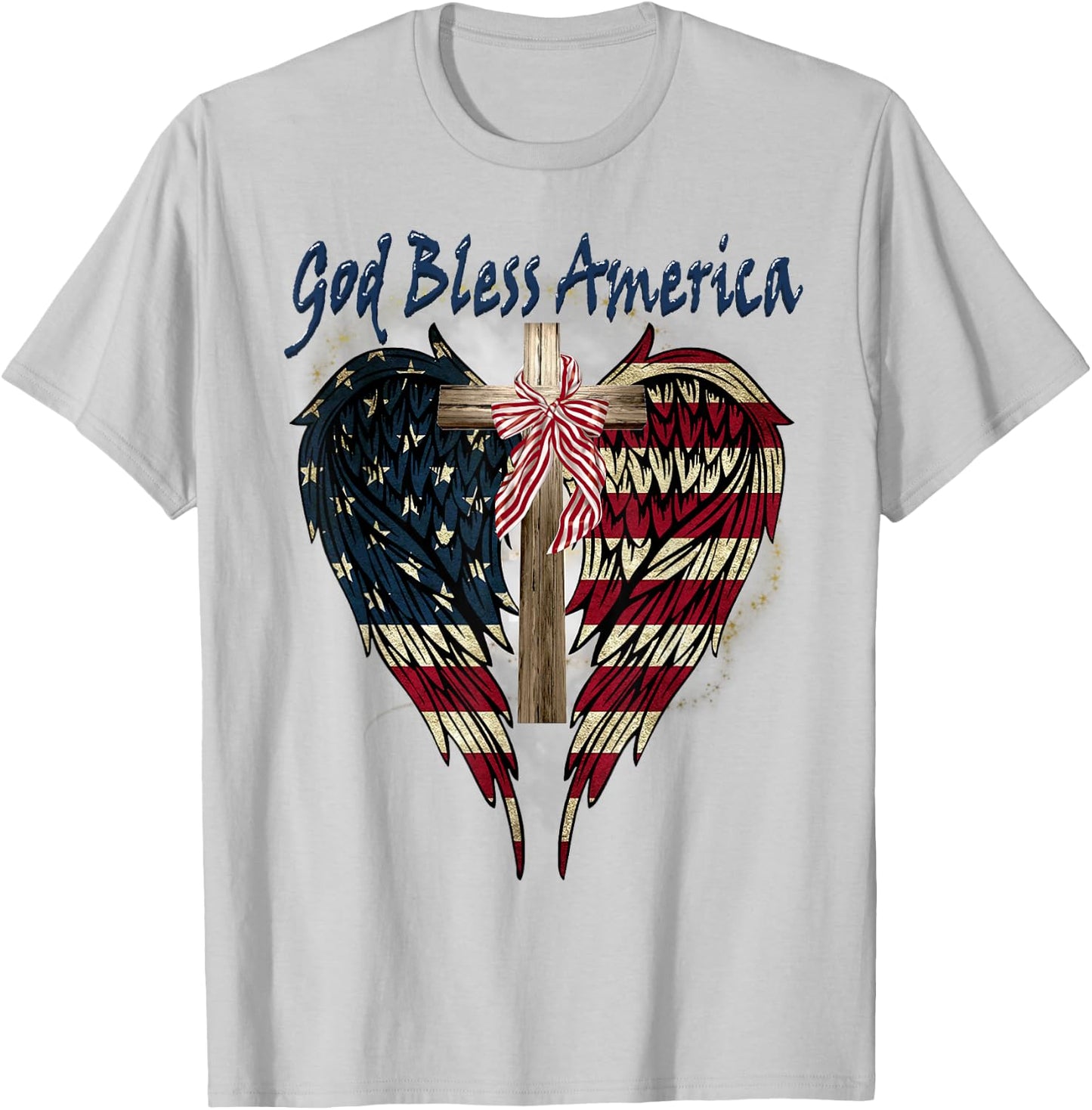 Patriotic American Flag Cross God Bless America 4th July T-Shirt - T-Shirt | Ash