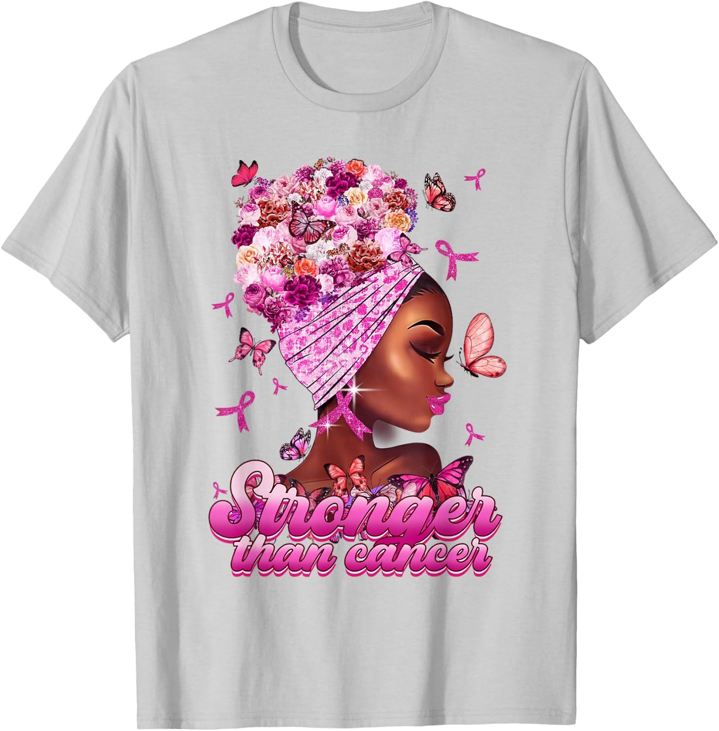 Black Women Queen Stronger Than Breast Cancer Pink Ribbon T-Shirt - T-Shirt | Ash