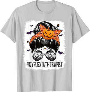 Dyslexia Therapist Messy Bun Spooky Pumpkin Orange Halloween T-Shirt - T-Shirt | Ash