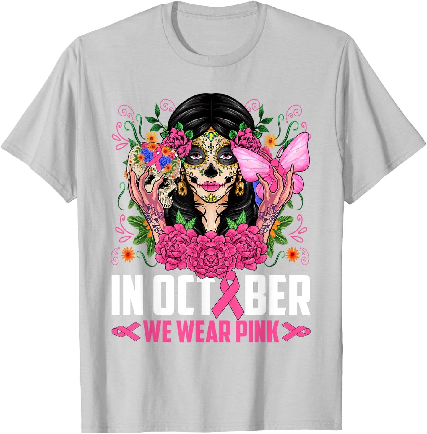 In October Wear Pink Sugar Skull Breast Cancer Halloween Day T-Shirt - T-Shirt | Ash
