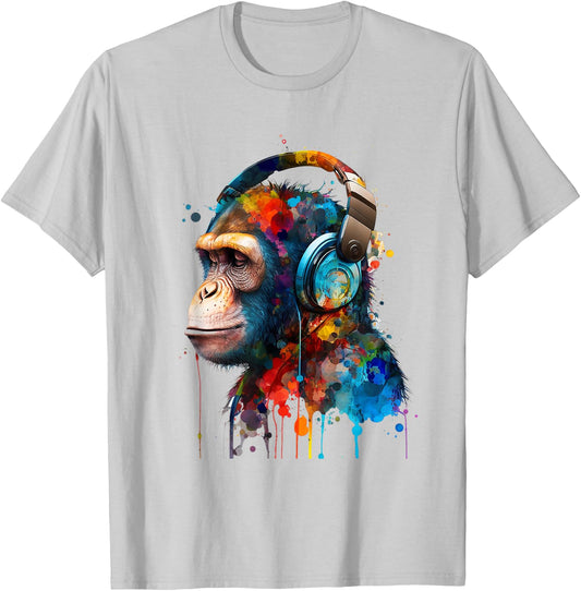 Monkey Wildlife Animal Monkey Lover Cute Monkey Headphones T-Shirt - T-Shirt | Ash
