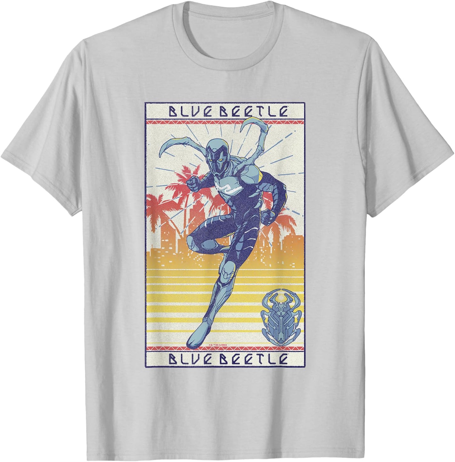 Blue Beetle Cool Pose Over Sunny City Vintage Portrait T-Shirt - T-Shirt | Ash
