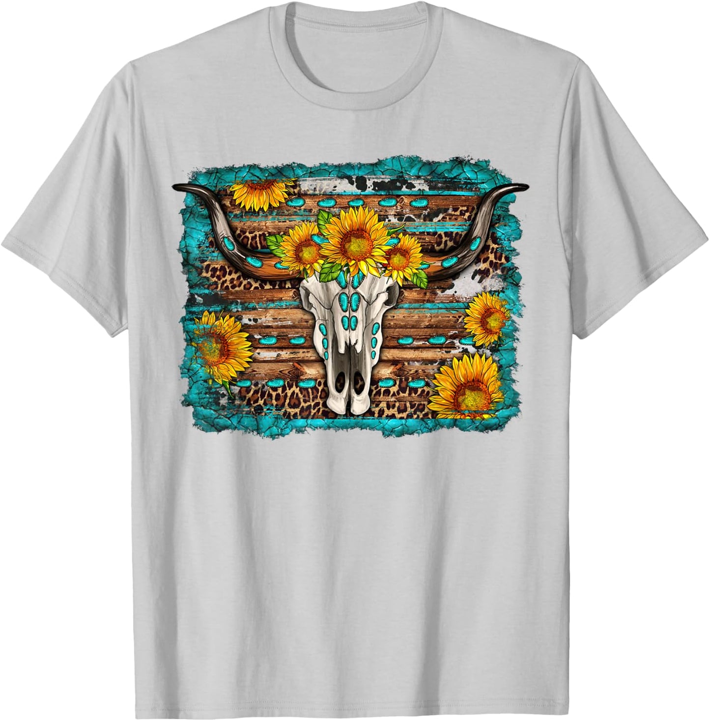Longhorn Bull Skull Sunflower Turquoise Western Country T-Shirt - T-Shirt | Ash