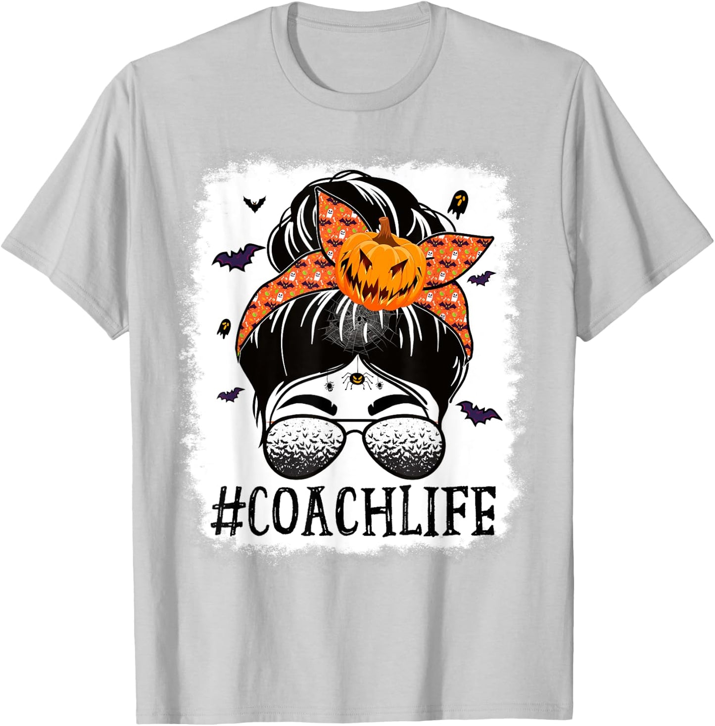 Coach Messy Bun Spooky Pumpkin Bat Orange Halloween Costume T-Shirt - T-Shirt | Ash
