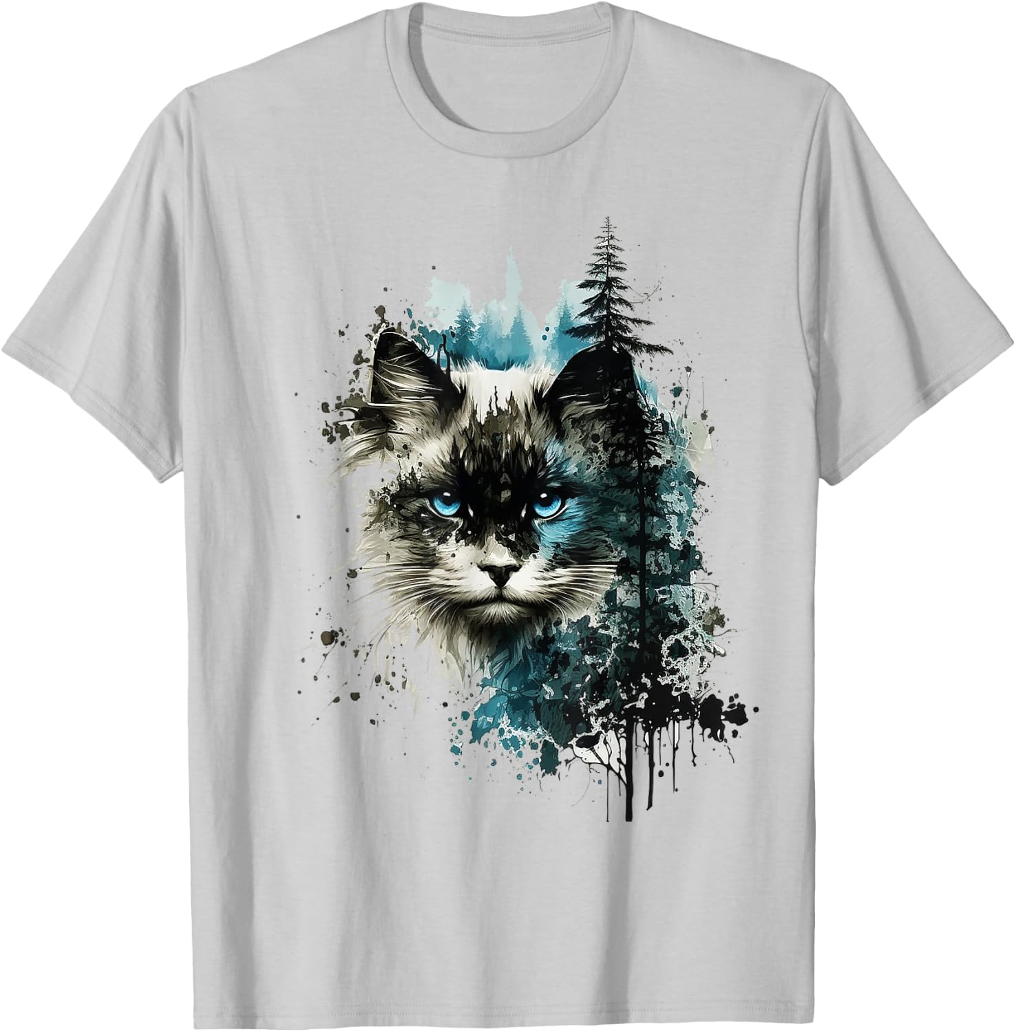 Cat Blue Eyes Cat Motif Art Forest Animal Cat T-Shirt - T-Shirt | Ash