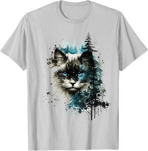 Cat Blue Eyes Cat Motif Art Forest Animal Cat T-Shirt - T-Shirt | Ash