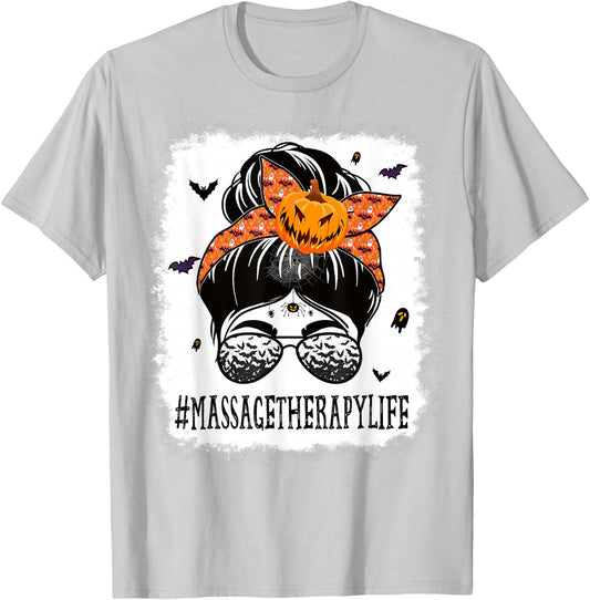 Massage Therapy Messy Bun Spooky Pumpkin Halloween Costume T-Shirt - T-Shirt | Ash