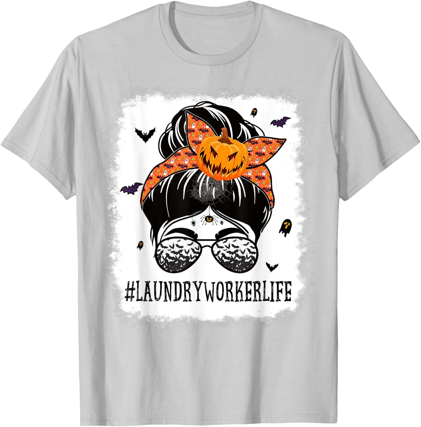 Laundry Worker Messy Bun Spooky Pumpkin Halloween Costume T-Shirt - T-Shirt | Ash