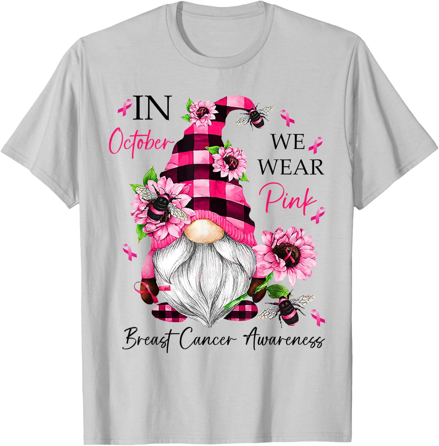 In October We Wear Pink Gnome Breast Cancer Awareness T-Shirt - T-Shirt | Ash