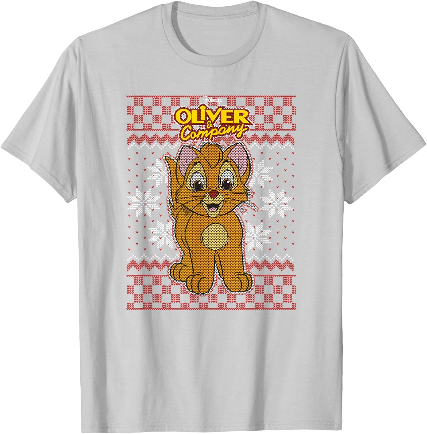 Disney Oliver & Company Christmas Oliver Ugly Sweater Style T-Shirt - T-Shirt | Ash
