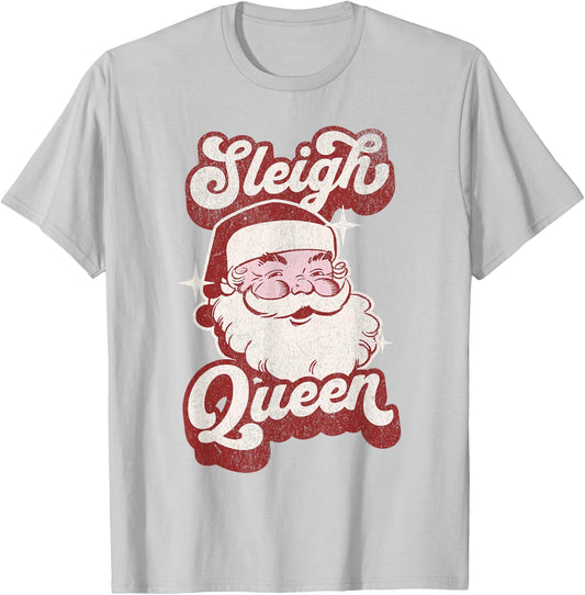 Groovy Retro Funny Pink Christmas Vintage Santa Sleigh Queen T-Shirt - T-Shirt | Ash