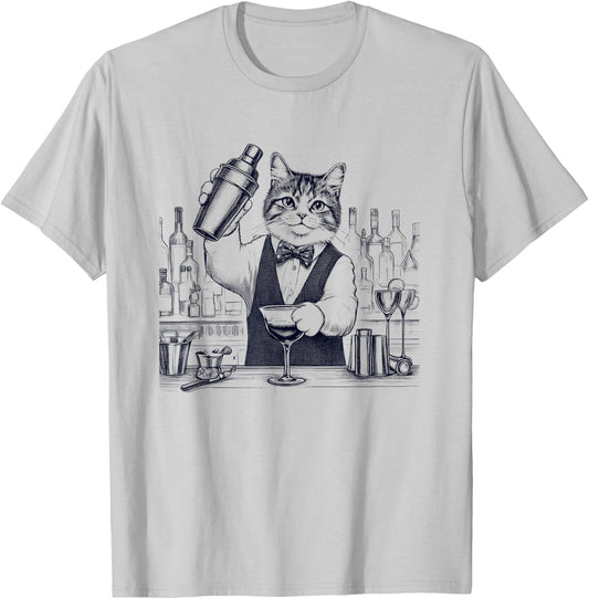 Vintage Retro Bartender Cat Kitten Lover T-Shirt - T-Shirt | Ash