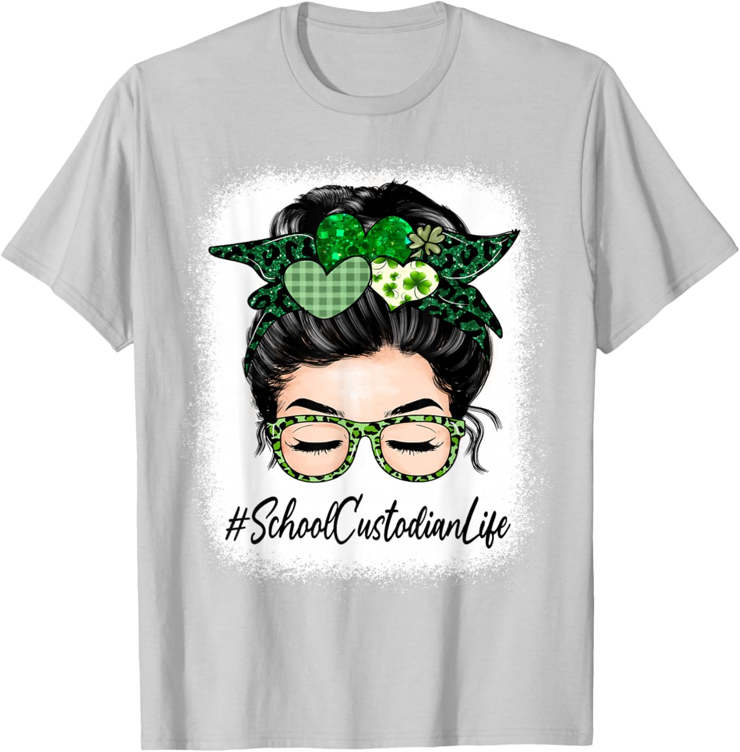 School Custodian Women Messy Bun St Patrick's Day Shamrock T-Shirt - T-Shirt | Ash