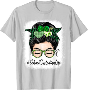 School Custodian Women Messy Bun St Patrick's Day Shamrock T-Shirt - T-Shirt | Ash